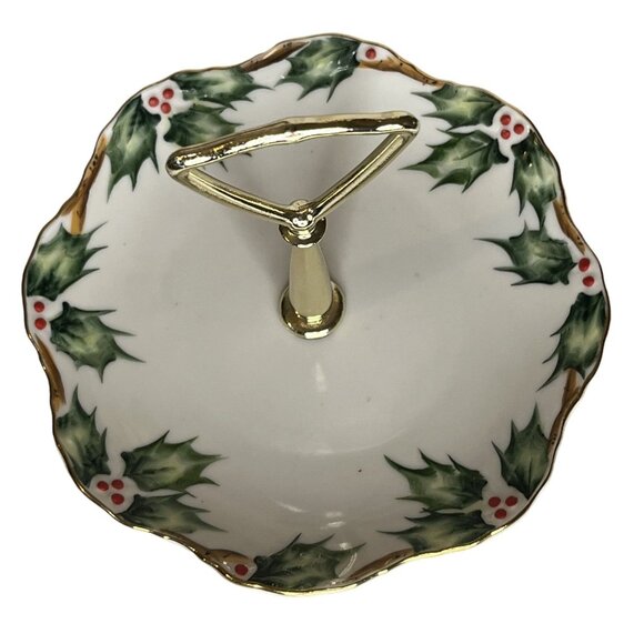Lefton China Winter Holly Berry Handpainted Candy Mint & Tidbit Tray 1950s VTG - Picture 2 of 10